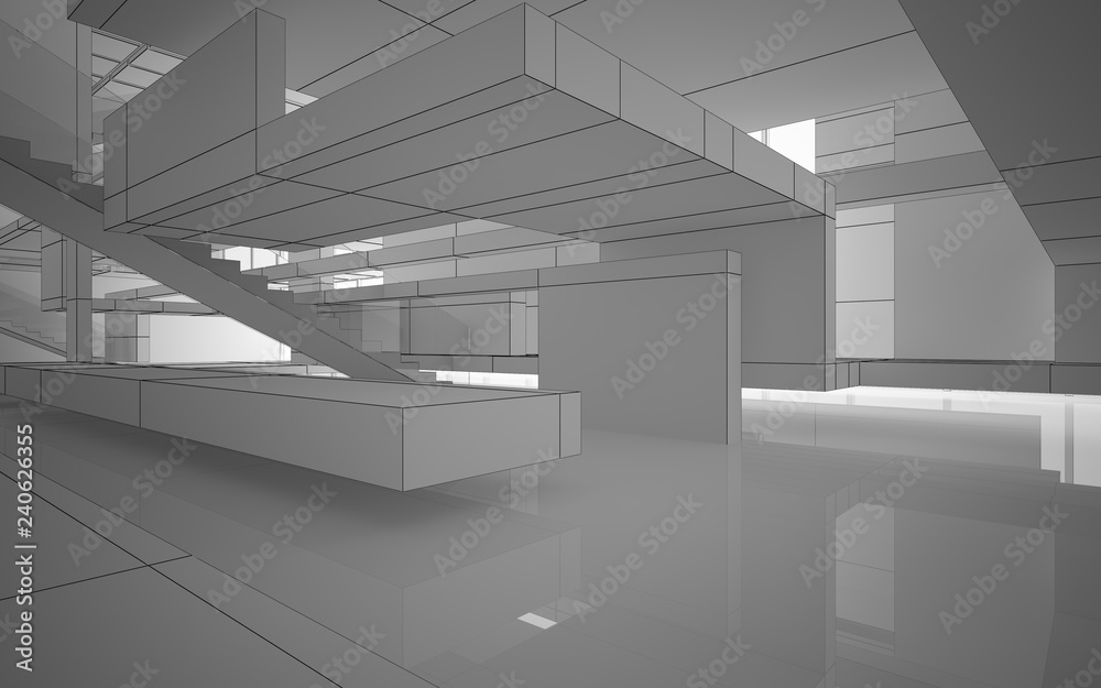 Abstract drawing white interior multilevel public space with window. 3D illustration and rendering. Abstract drawing white interior multilevel public space with window. 3D illustration and rendering.