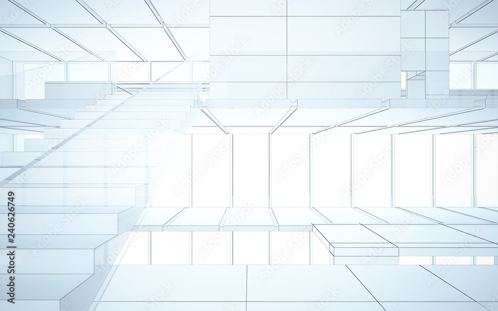 Abstract drawing white interior multilevel public space with window. 3D illustration and rendering. Abstract drawing white interior multilevel public space with window. 3D illustration and rendering.
