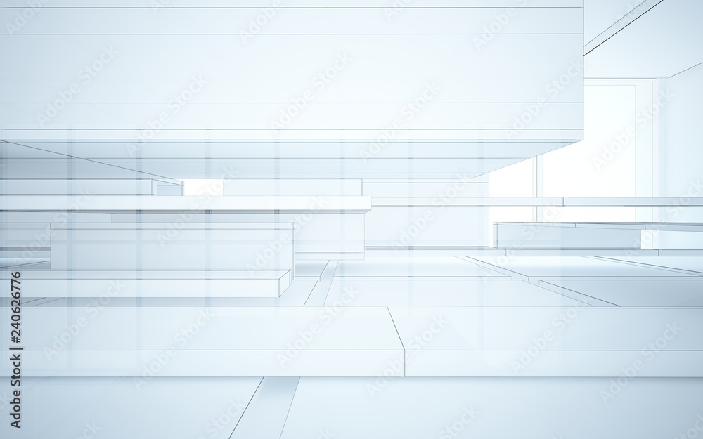 Abstract drawing white interior multilevel public space with window. 3D illustration and rendering. Abstract drawing white interior multilevel public space with window. 3D illustration and rendering.