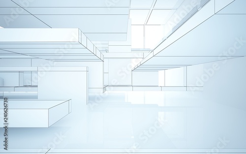 Abstract drawing white interior multilevel public space with window. 3D illustration and rendering.