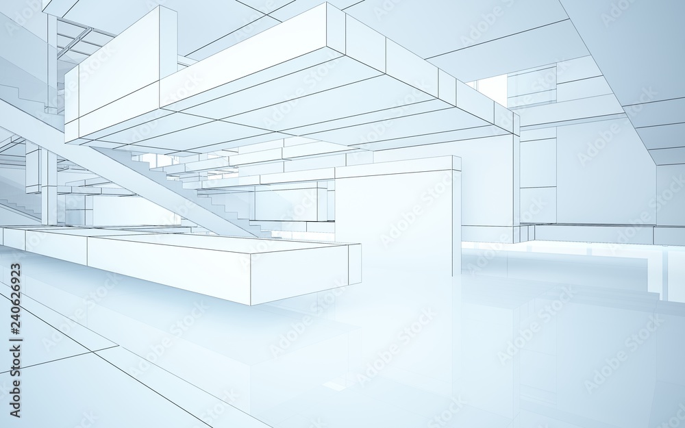Abstract drawing white interior multilevel public space with window. 3D illustration and rendering.