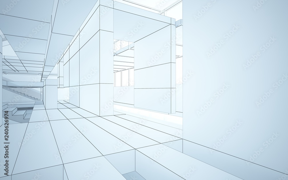 Obraz premium Abstract drawing white interior multilevel public space with window. 3D illustration and rendering.
