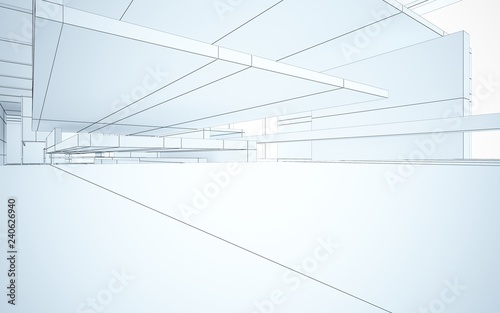 Abstract drawing white interior multilevel public space with window. 3D illustration and rendering.