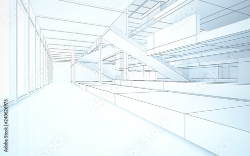 Abstract drawing white interior multilevel public space with window. 3D illustration and rendering.