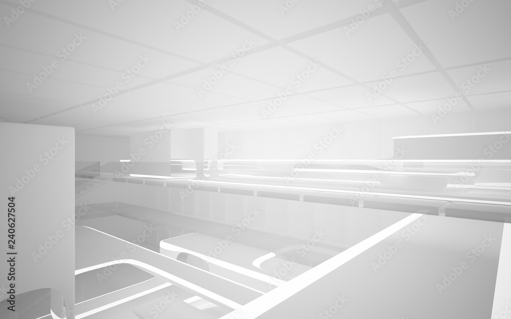 White smooth abstract architectural background. Night view with illumination. 3D illustration and rendering