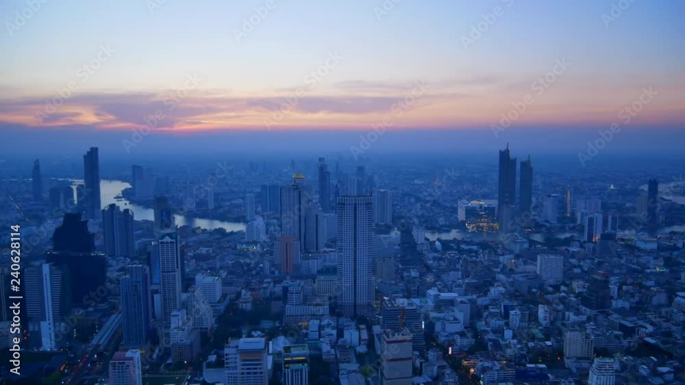 Aerial view of Bangkok city at evening, Chaopraya River, bangkok, Thailand