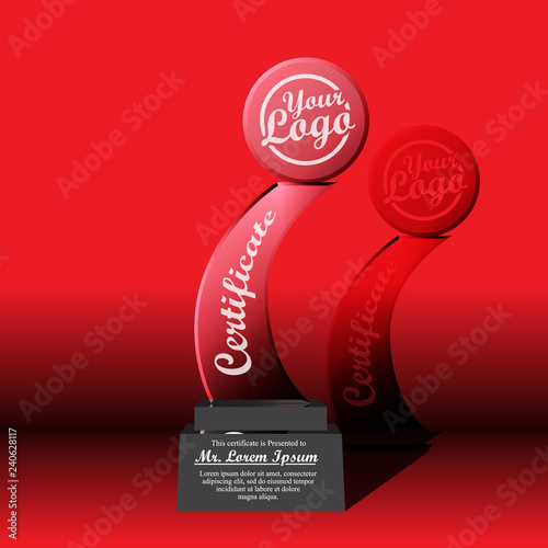 Crystal trophy certificate design template on red background.