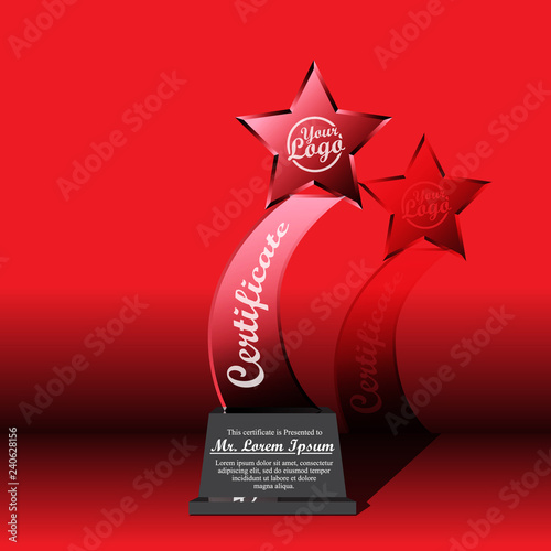 Crystal trophy certificate design template on red background.