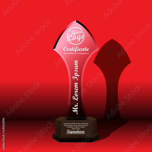 Crystal trophy certificate design template on red background.