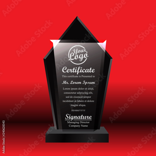 Crystal trophy certificate design template on red background.