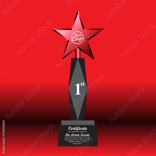 Crystal trophy certificate design template on red background.