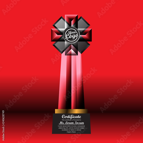 Crystal trophy certificate design template on red background.