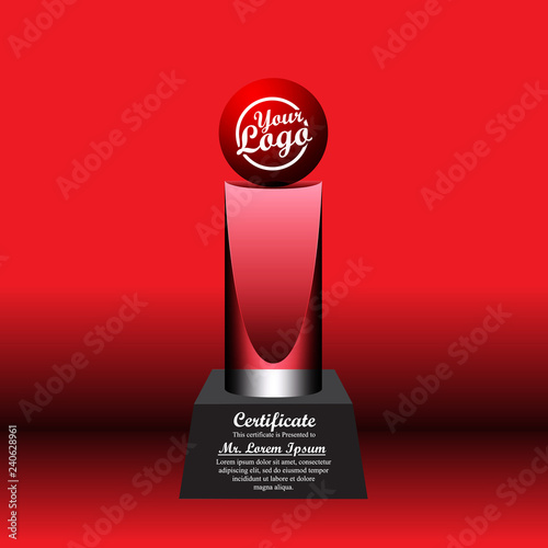 Crystal trophy certificate design template on red background.