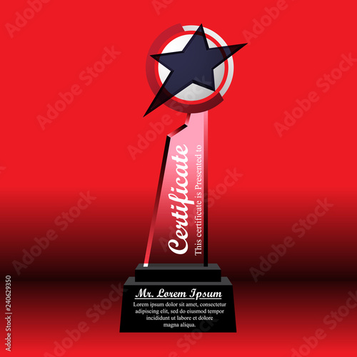 Crystal trophy certificate design template on red background.