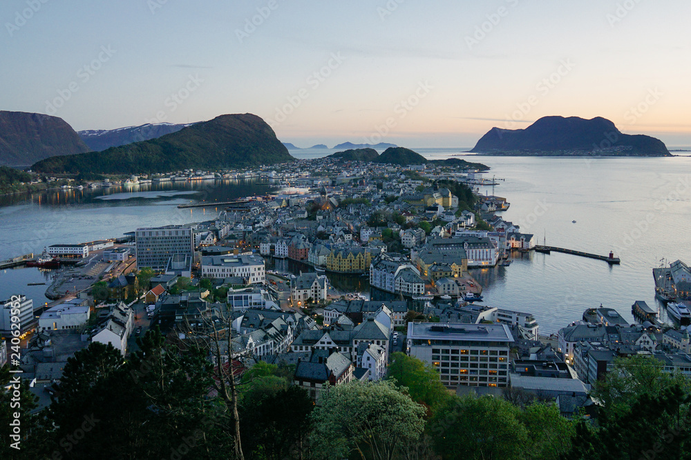 View of Alesund from mount Aksla, Norway at night