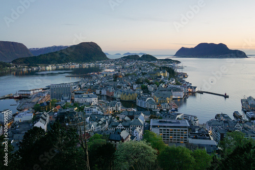 View of Alesund from mount Aksla, Norway at night photo