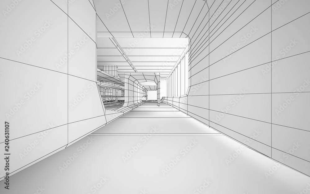 Fototapeta premium Abstract drawing white interior multilevel public space with window. 3D illustration and rendering.