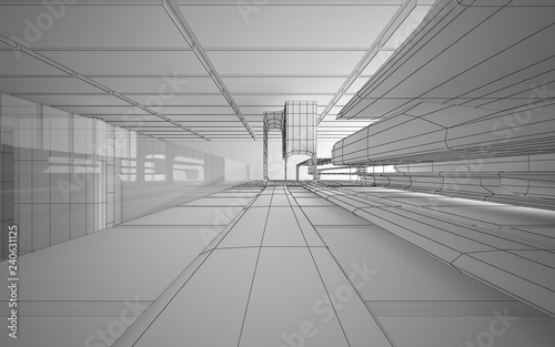 Abstract drawing white interior multilevel public space with window. 3D illustration and rendering.