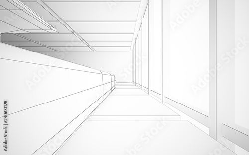 Abstract drawing white interior multilevel public space with window. 3D illustration and rendering.