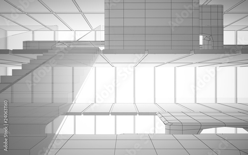 Abstract drawing white interior multilevel public space with window. 3D illustration and rendering.