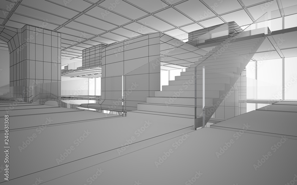 Abstract drawing white interior multilevel public space with window. 3D illustration and rendering. Abstract drawing white interior multilevel public space with window. 3D illustration and rendering.
