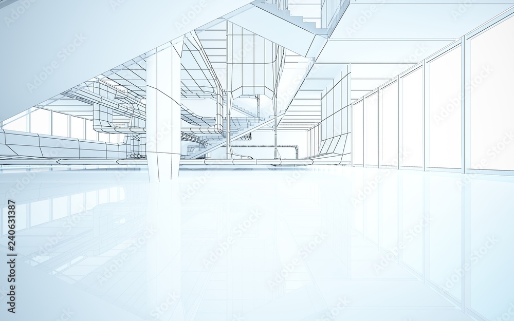 Abstract drawing white interior multilevel public space with window. 3D illustration and rendering. Abstract drawing white interior multilevel public space with window. 3D illustration and rendering.
