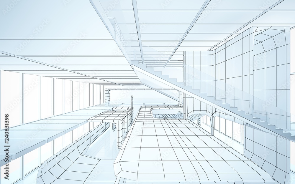 Abstract drawing white interior multilevel public space with window. 3D illustration and rendering. Abstract drawing white interior multilevel public space with window. 3D illustration and rendering.