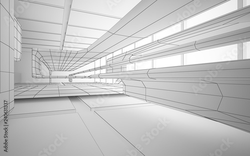 Abstract drawing white interior multilevel public space with window. 3D illustration and rendering.