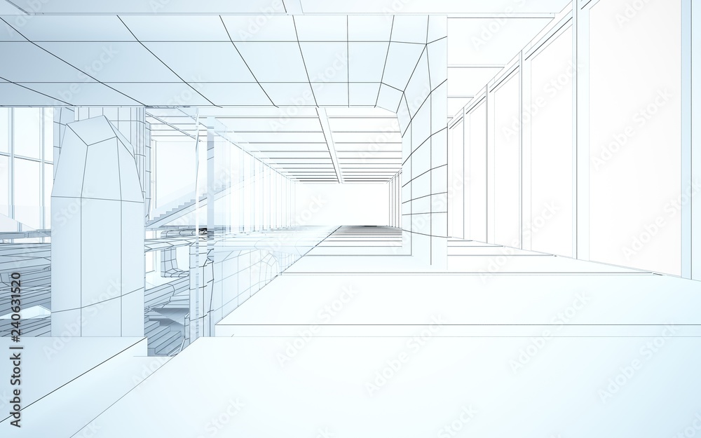 Fototapeta Abstract drawing white interior multilevel public space with window. 3D illustration and rendering.