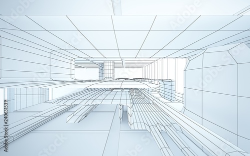 Abstract drawing white interior multilevel public space with window. 3D illustration and rendering.