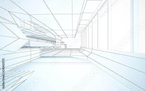 Abstract drawing white interior multilevel public space with window. 3D illustration and rendering.