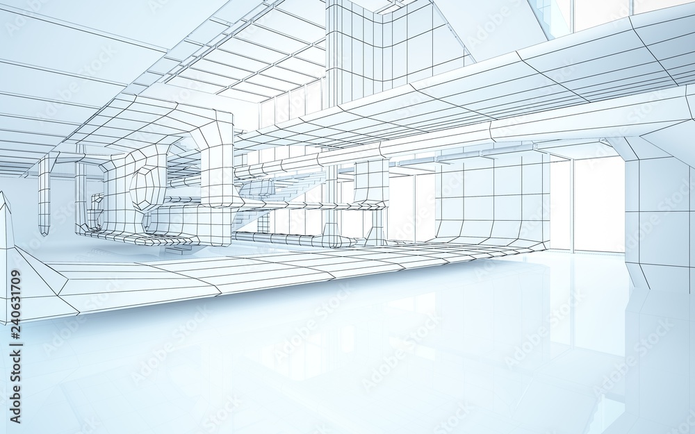 Abstract drawing white interior multilevel public space with window. 3D illustration and rendering. Abstract drawing white interior multilevel public space with window. 3D illustration and rendering.