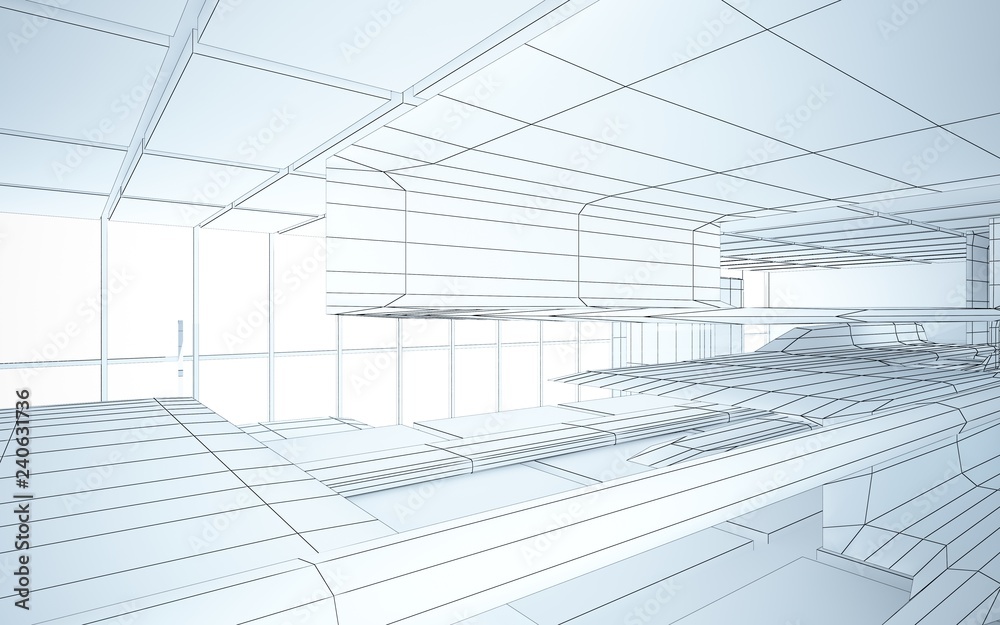 Abstract drawing white interior multilevel public space with window. 3D illustration and rendering.