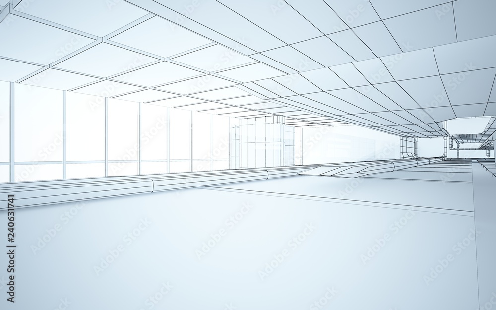 Abstract drawing white interior multilevel public space with window. 3D illustration and rendering. Abstract drawing white interior multilevel public space with window. 3D illustration and rendering.