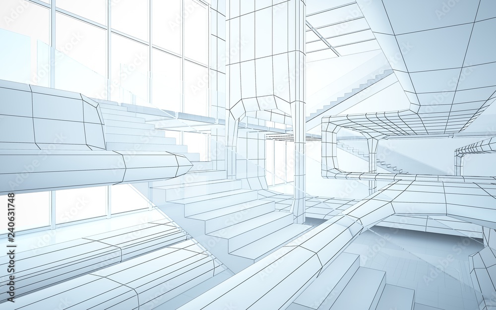 Abstract drawing white interior multilevel public space with window. 3D illustration and rendering. Abstract drawing white interior multilevel public space with window. 3D illustration and rendering.