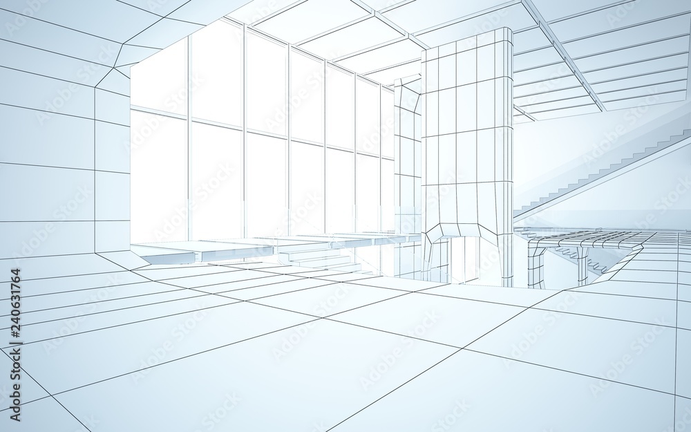 Abstract drawing white interior multilevel public space with window. 3D illustration and rendering. Abstract drawing white interior multilevel public space with window. 3D illustration and rendering.