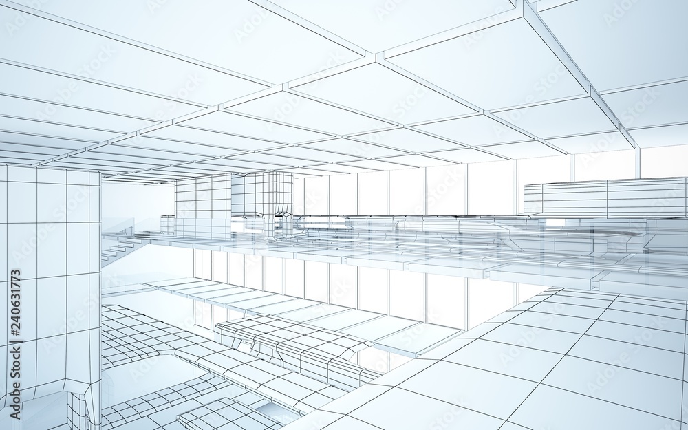 Abstract drawing white interior multilevel public space with window. 3D illustration and rendering. Abstract drawing white interior multilevel public space with window. 3D illustration and rendering.