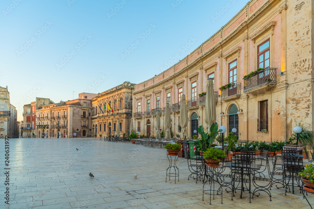 Main square Piazza Duomo in the island Ortigia in Syracuse, Sicily, Italy