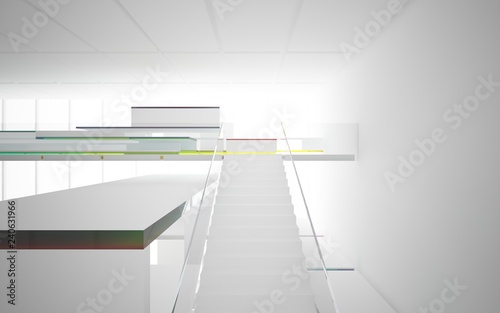 Abstract white and colored gradient glasses interior multilevel public space with window. 3D illustration and rendering.