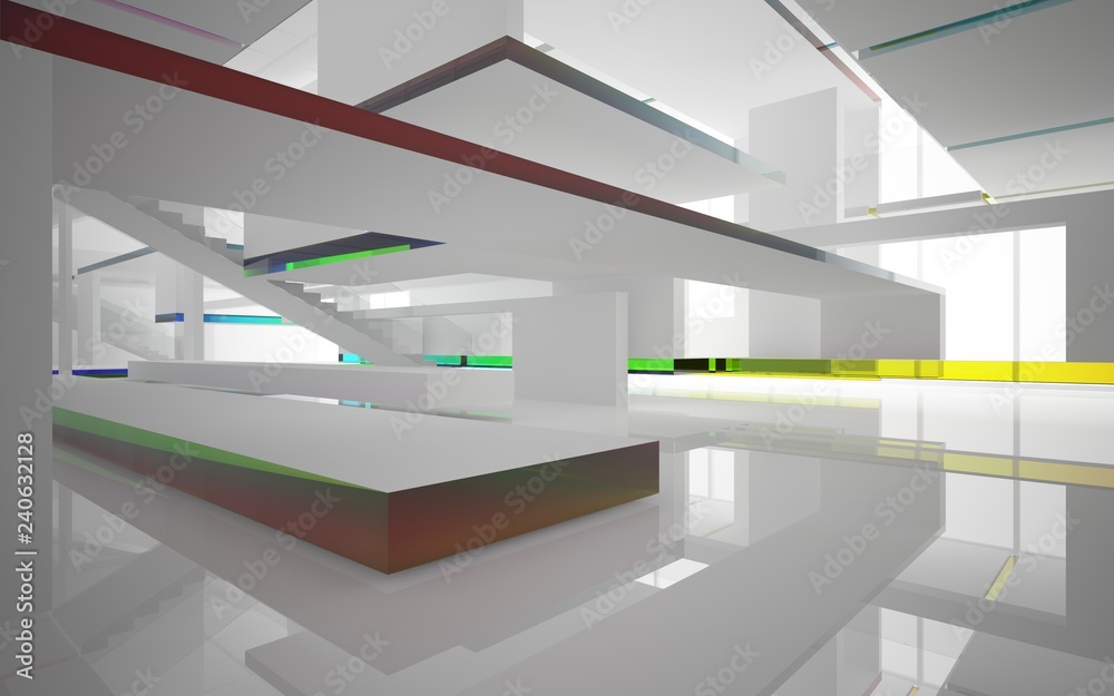 Obraz premium Abstract white and colored gradient glasses interior multilevel public space with window. 3D illustration and rendering.