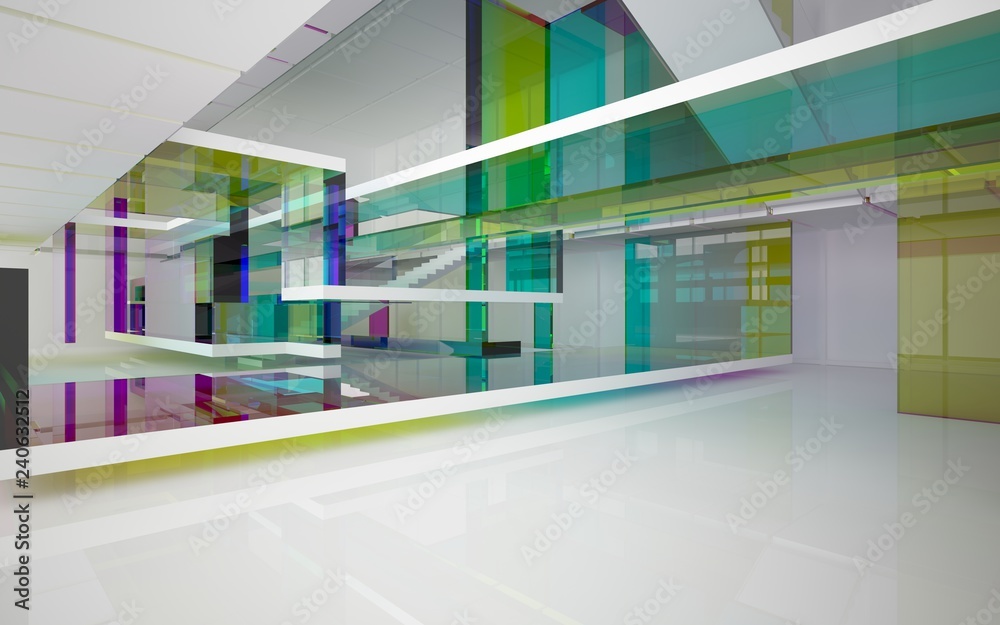 Abstract white and colored gradient glasses interior multilevel public space with window. 3D illustration and rendering.