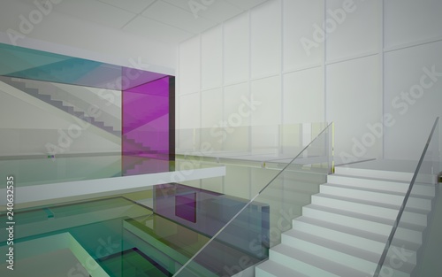 Abstract white and colored gradient glasses interior multilevel public space with window. 3D illustration and rendering.