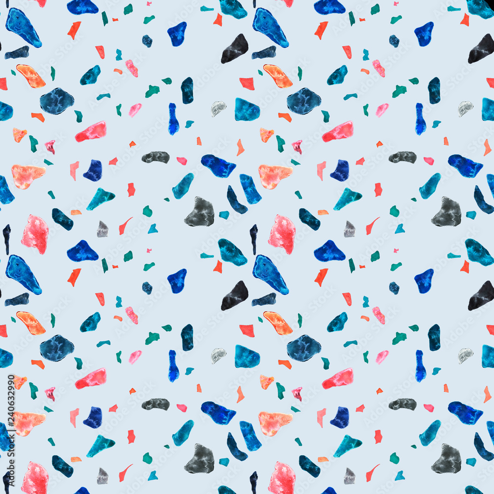 Obraz premium Granite, Terrazzo & Tile. Terrazzo seamless pattern. Vibrant colors. Textured shapes. Granite textured shapes in vibran. Hand drawn Patterns. Colorful hand drawn design for textiles, dishes, surface.