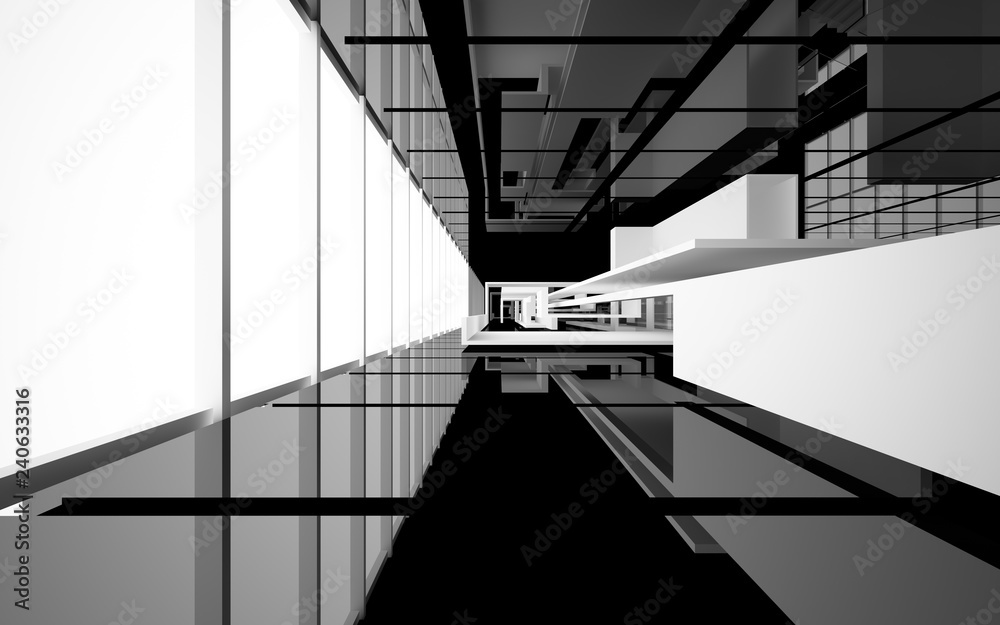 Abstract white and black interior multilevel public space with window. 3D illustration and rendering.