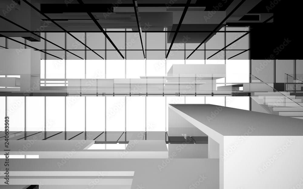 Abstract white and black interior multilevel public space with window. 3D illustration and rendering. Abstract white and black interior multilevel public space with window. 3D illustration and rendering.