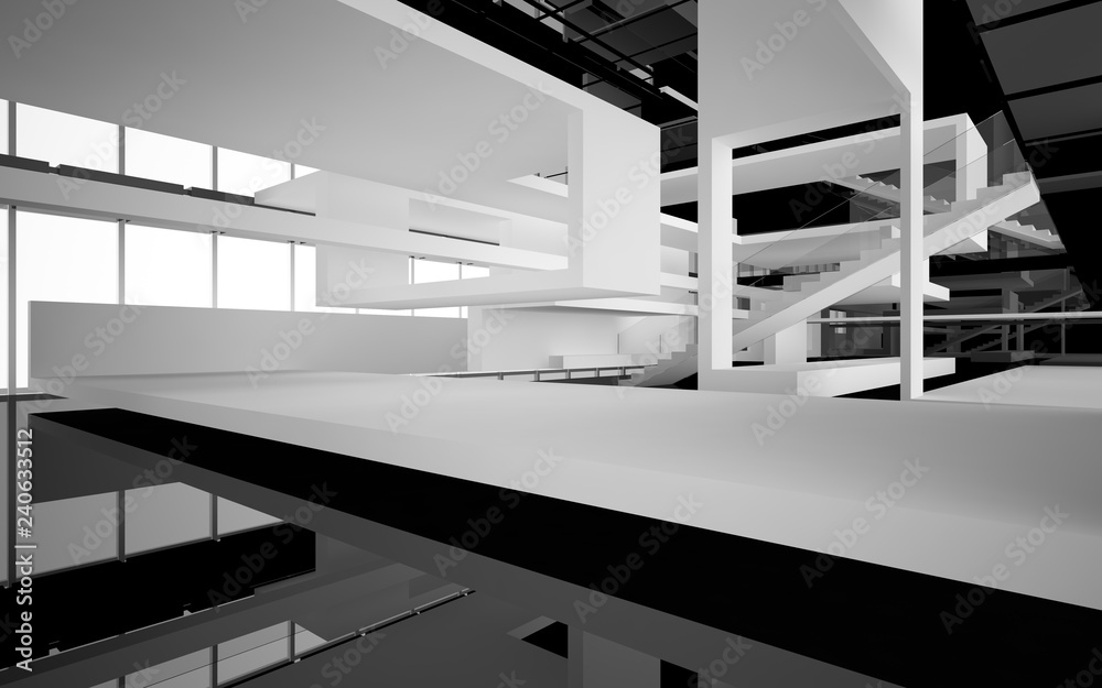 Abstract white and black interior multilevel public space with window. 3D illustration and rendering. Abstract white and black interior multilevel public space with window. 3D illustration and rendering.