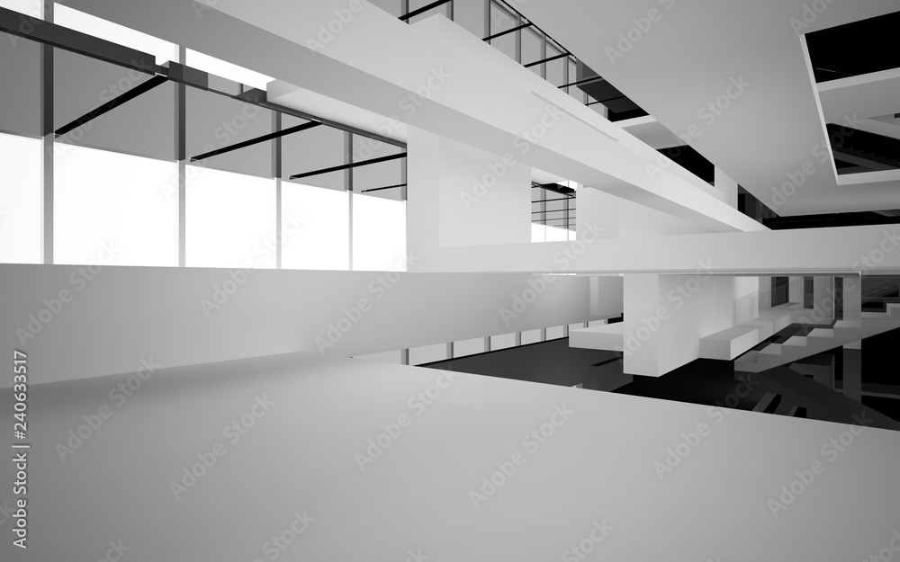 Abstract white and black interior multilevel public space with window. 3D illustration and rendering. Abstract white and black interior multilevel public space with window. 3D illustration and rendering.