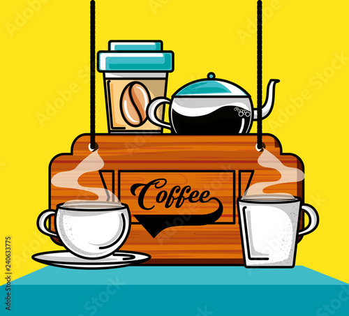 set cups and teapot of delicious coffee