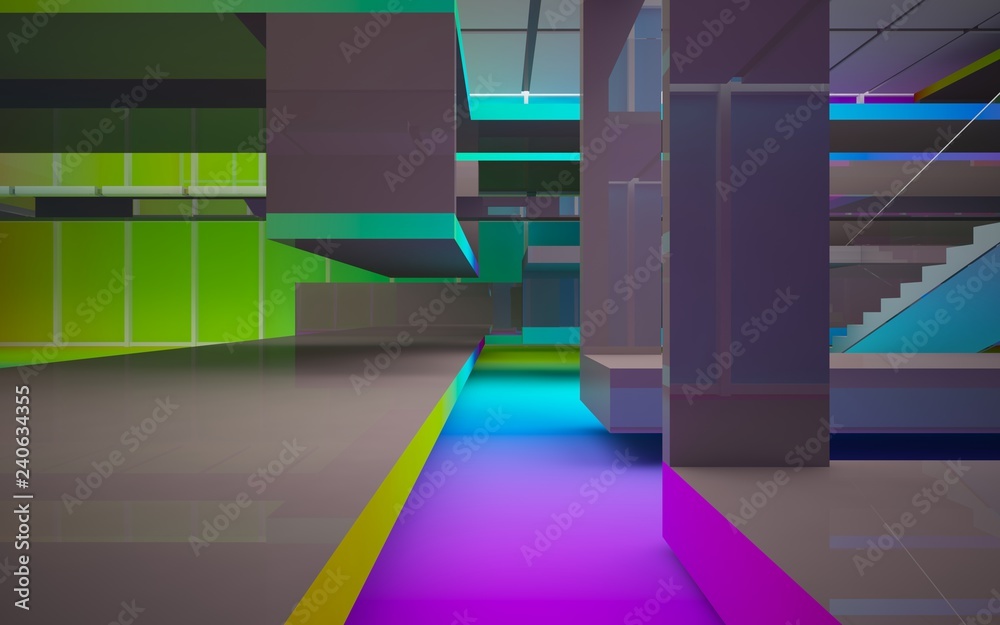 Obraz premium Abstract brown and colored gradient glasses interior multilevel public space with window. 3D illustration and rendering.
