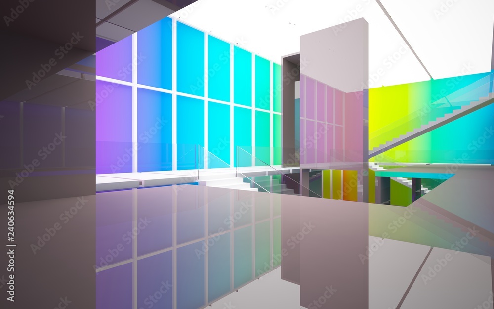 Fototapeta premium Abstract brown and colored gradient glasses interior multilevel public space with window. 3D illustration and rendering.